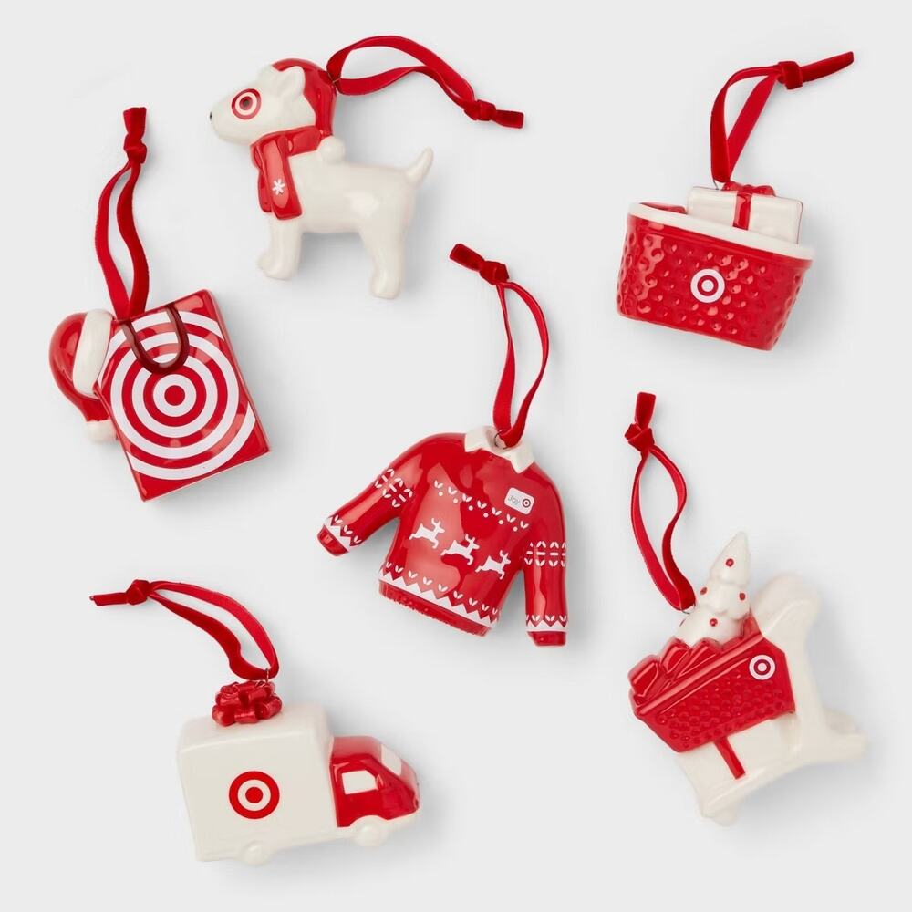 Wondershop 5pc Target Ceramic Christmas Ornaments Red White Bullseye‎ NEW open